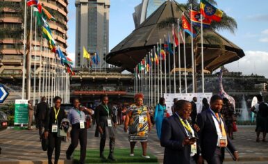 Delegates with conference badges walking outside a convention centre lined with African national flags